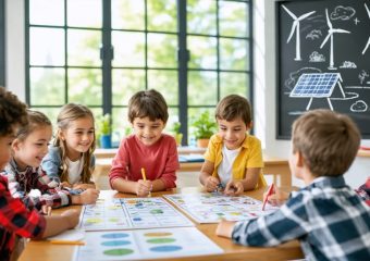 Students participating in engaging sustainable energy-themed games, with solar panels and wind turbines visible through classroom windows.