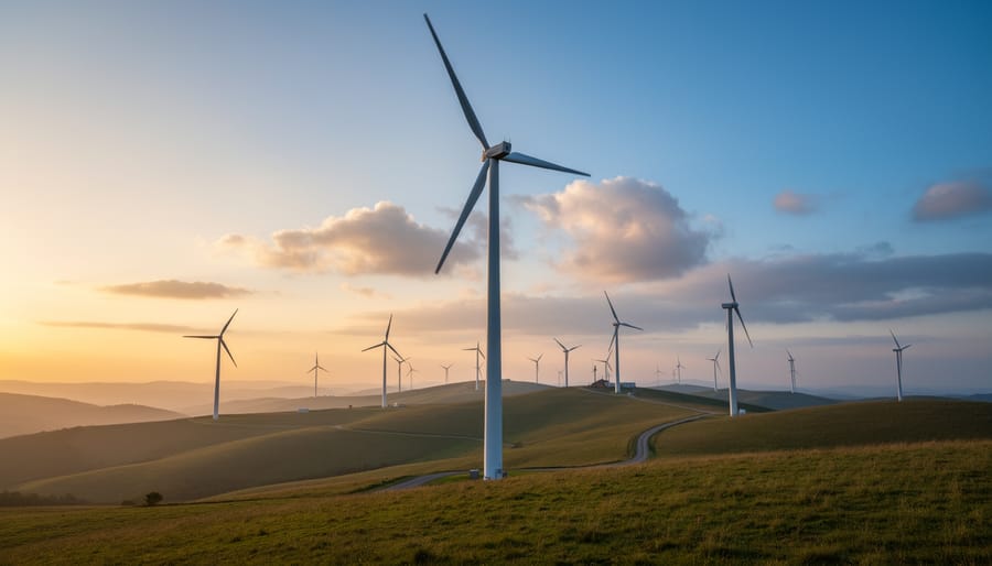 Wind turbines standing on a coastal plain at dusk with a cloudy sky.
