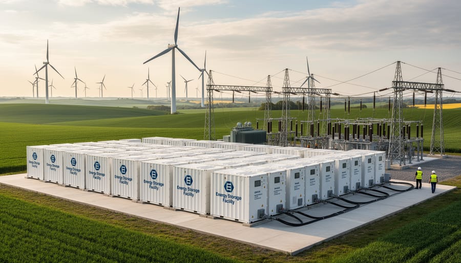 Outdoor compressed-air energy storage facility with piping and machinery under golden-hour light.