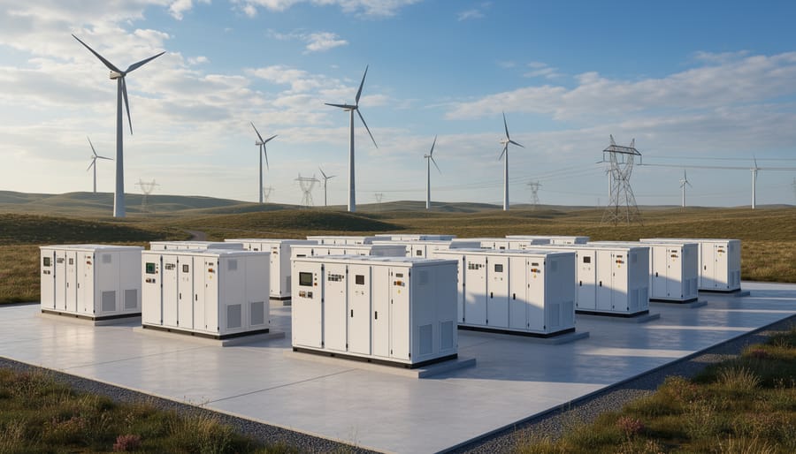 Containerized battery energy storage system near a wind farm with turbines in the background.