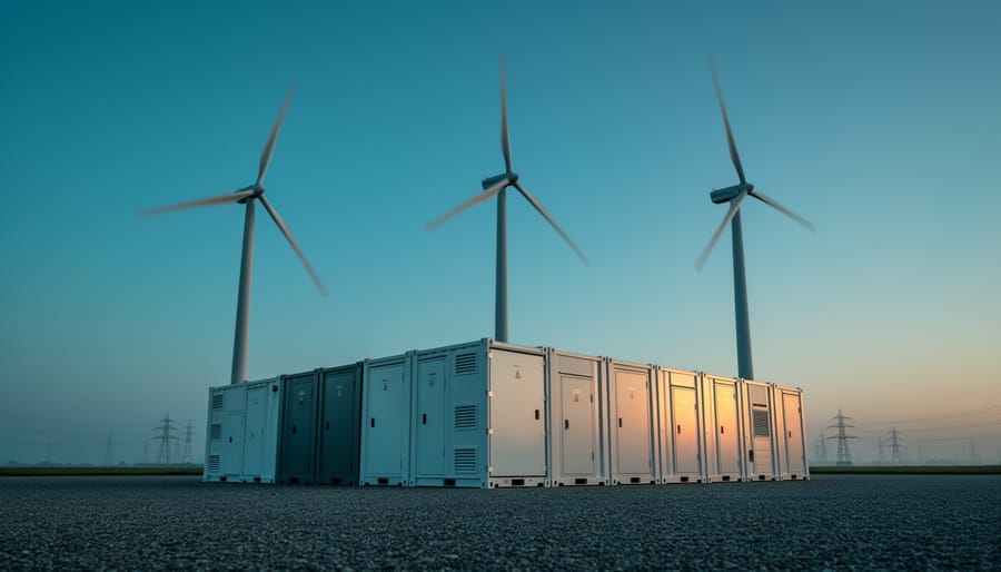 Wind turbines and a grid-scale energy storage facility at dusk, representing reliable power delivery from stored wind-generated electricity.