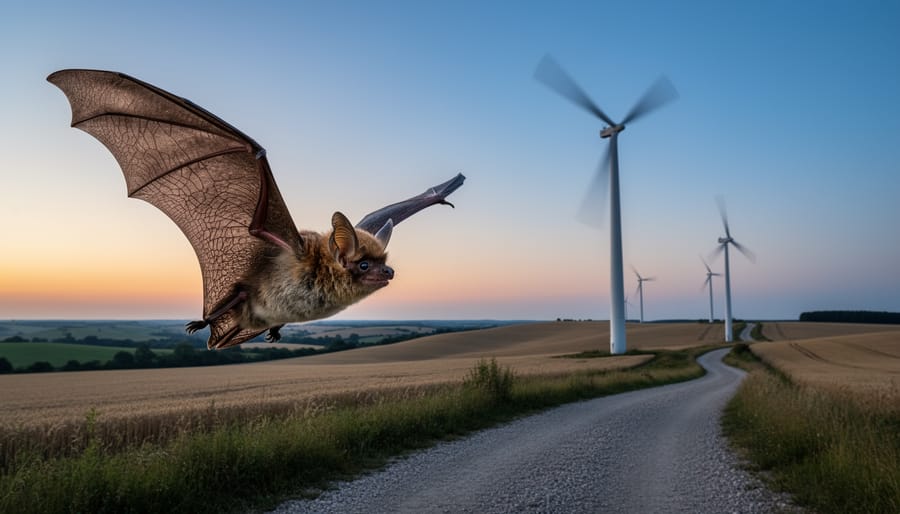 Bat perched near a field edge with wind turbines blurred in the distance