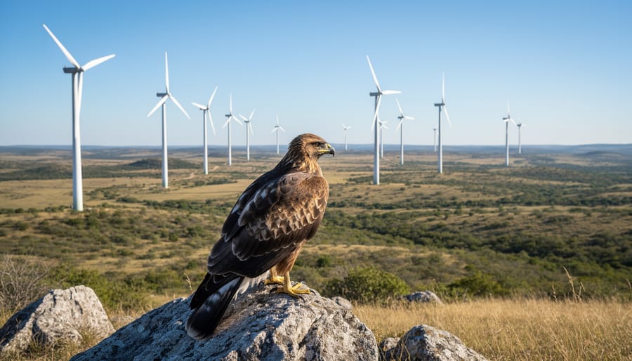 Bird of prey perched on a rocky outcrop with wind turbines in the distant background