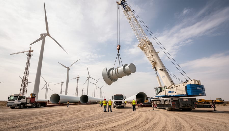Heavy-lift crane lifting components at a wind turbine repowering work site