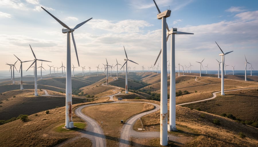 Older wind turbines in an operating wind farm under overcast light
