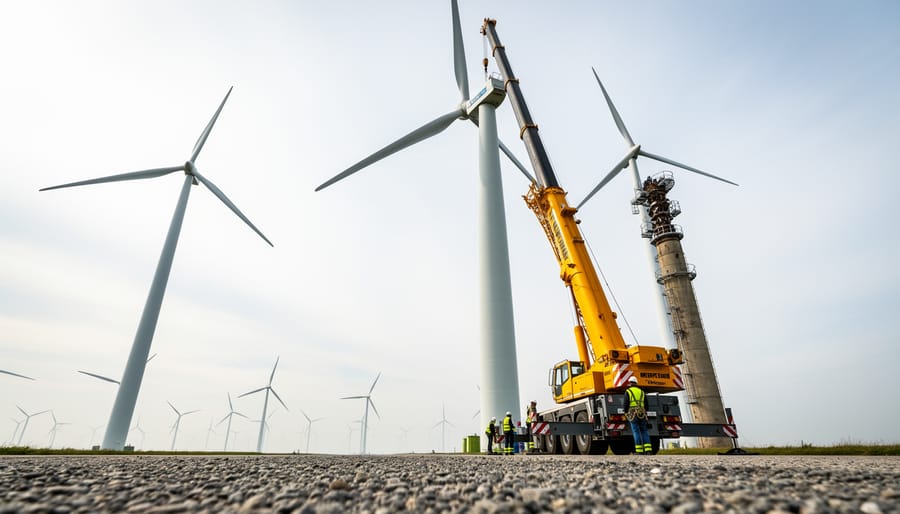 Wind farm with modern wind turbines and service crew and crane near a turbine nacelle during a repowering upgrade.