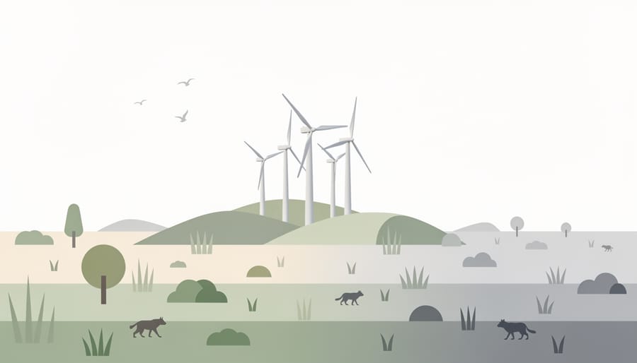 Wildflower meadow with healthy vegetation and wind turbines blurred in the distant horizon