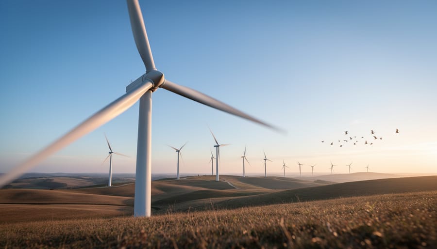 A modern wind turbine farm at golden hour with birds flying near the turbines across a natural landscape.