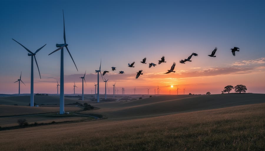 Wind turbines at dusk with birds flying in the sky above the landscape