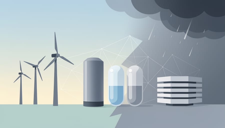 Steel tanks and clean-energy piping at dawn representing long-duration energy storage for wind power.