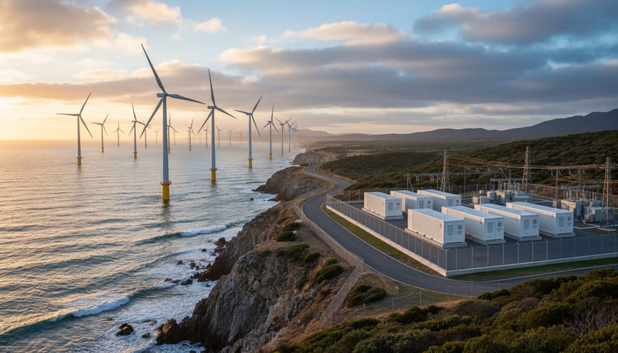 Offshore wind turbines with nearby onshore battery energy storage infrastructure in the background.
