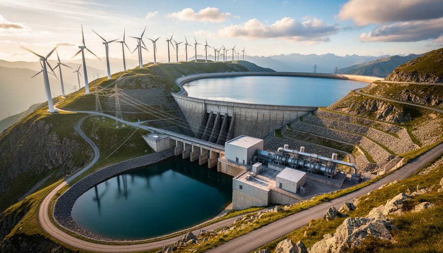 Concrete dam and reservoir water channel representing pumped-hydro energy storage.