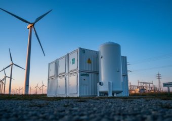 “Modern wind turbines in a wind farm with nearby battery containers and a liquid-air style cryogenic storage tank at dusk, representing energy storage for wind power.”