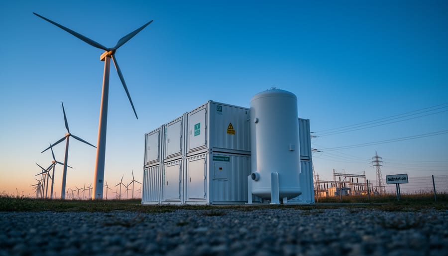 “Modern wind turbines in a wind farm with nearby battery containers and a liquid-air style cryogenic storage tank at dusk, representing energy storage for wind power.”