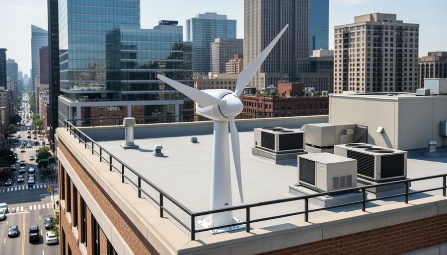 Small rooftop wind turbine mounted on a modern urban building under an overcast sky