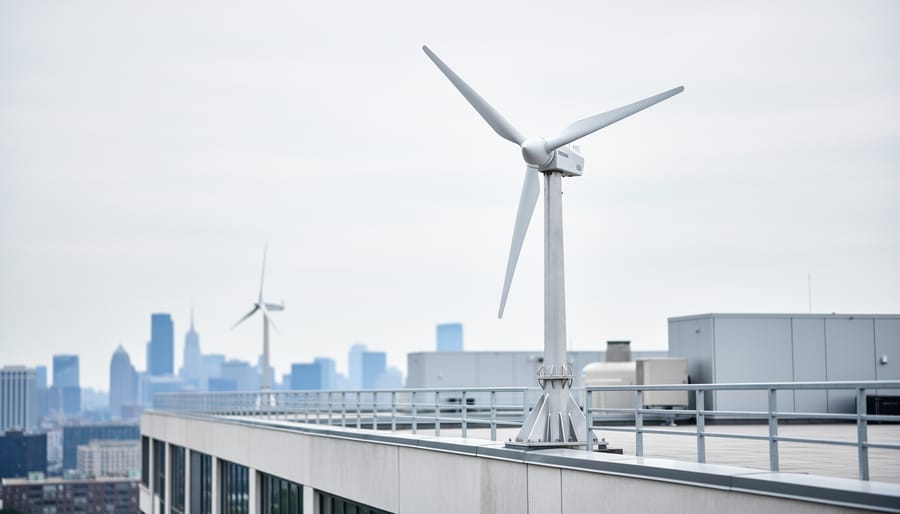 “Small wind turbine mounted on a city building rooftop under an overcast sky, with a blurred urban skyline in the background.”