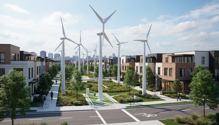 Rooftop-scale wind turbine on a residential property with surrounding setback space and nearby homes in the background