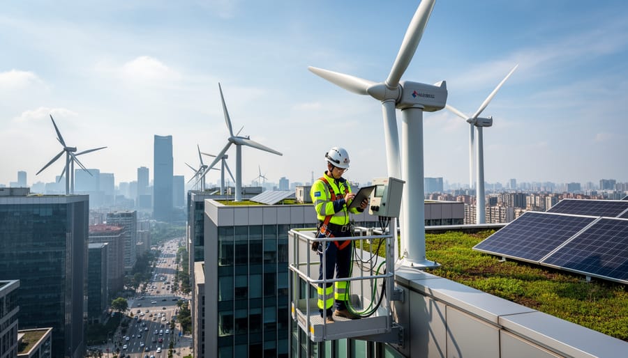 Technician in safety gear inspecting an urban wind turbine near its base with a city background