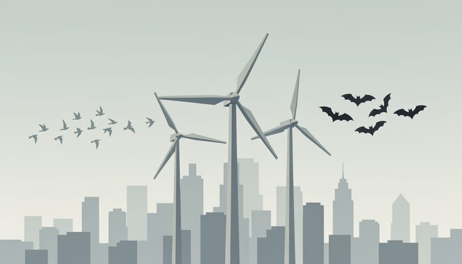 Backlit bat flying near an out-of-focus urban skyline with a distant wind turbine silhouette
